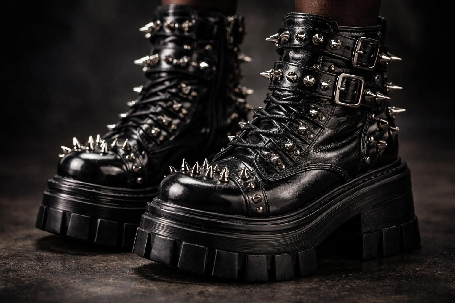 découvrez le look chaussure de gothique avec des plateformes audacieuses, du cuir noir et des clous métalliques pour un style rebelle et unique.