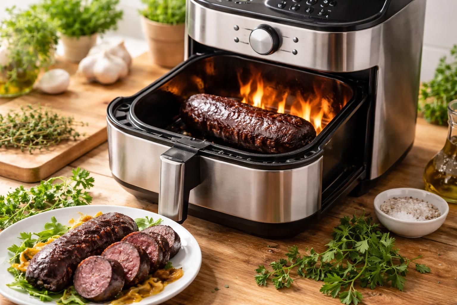 apprenez à préparer un boudin noir croustillant et savoureux grâce à l'air fryer, pour un plat rapide et délicieux.