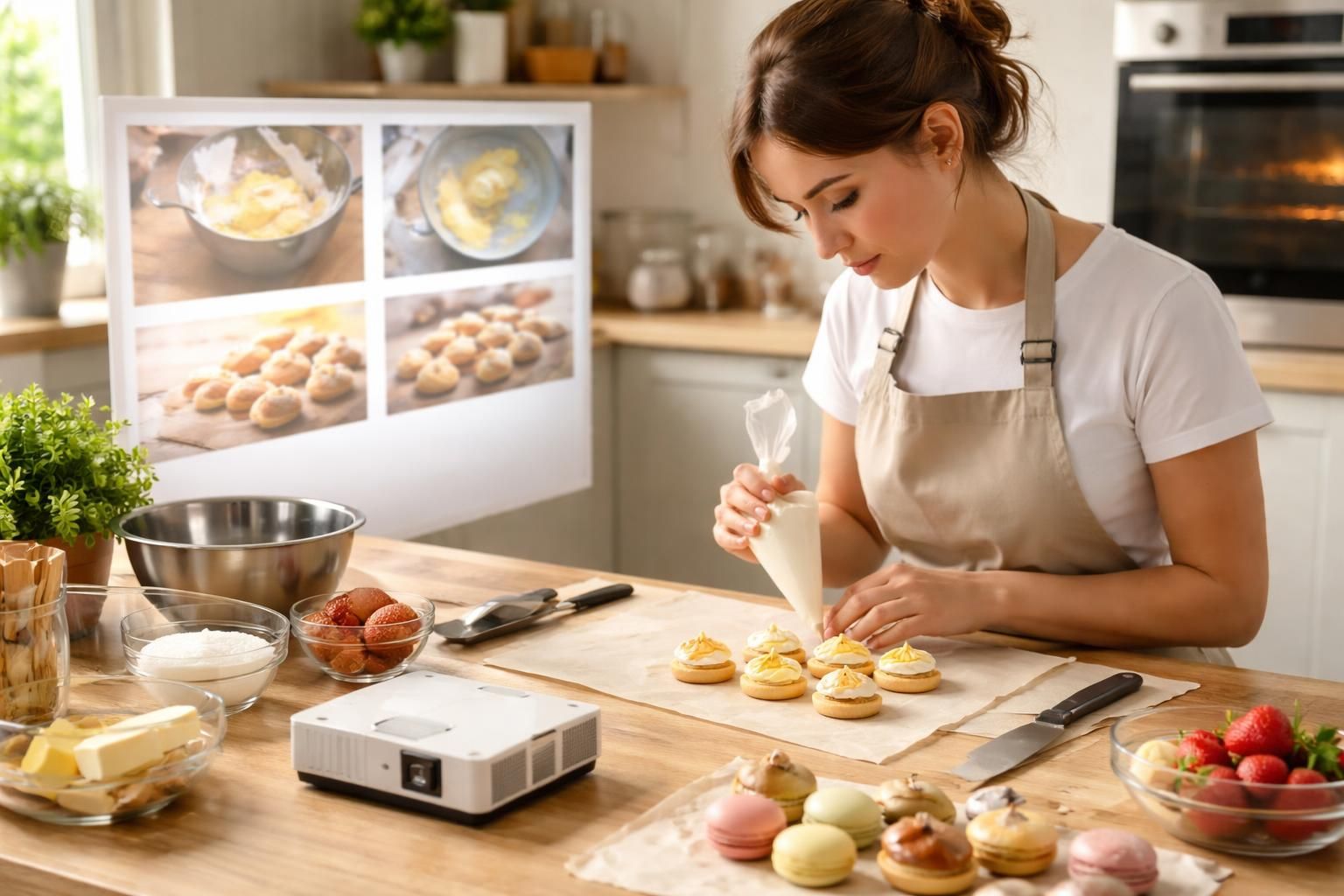 découvrez le mini vidéoprojecteur epson, idéal pour la pâtisserie précise, en suivant facilement chaque étape fine pour des créations parfaites.
