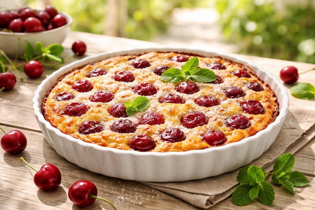 découvrez notre recette facile et moelleuse de clafoutis aux cerises, idéale pour un dessert d'été frais et gourmand.