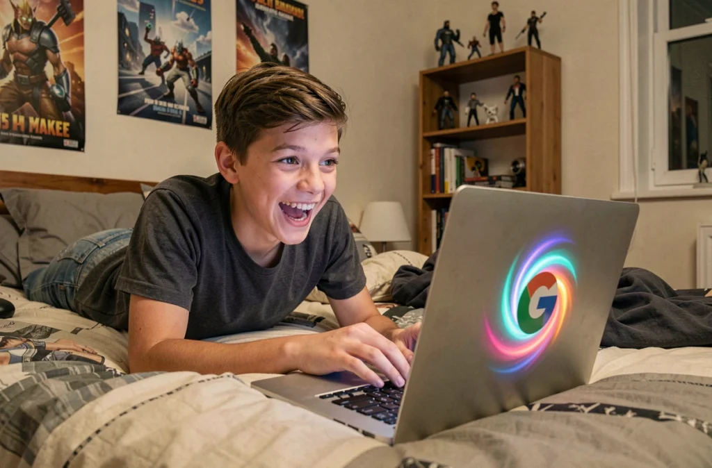 Adolescent riant en regardant l'animation Do a Barrel Roll de Google sur son ordinateur portable dans sa chambre