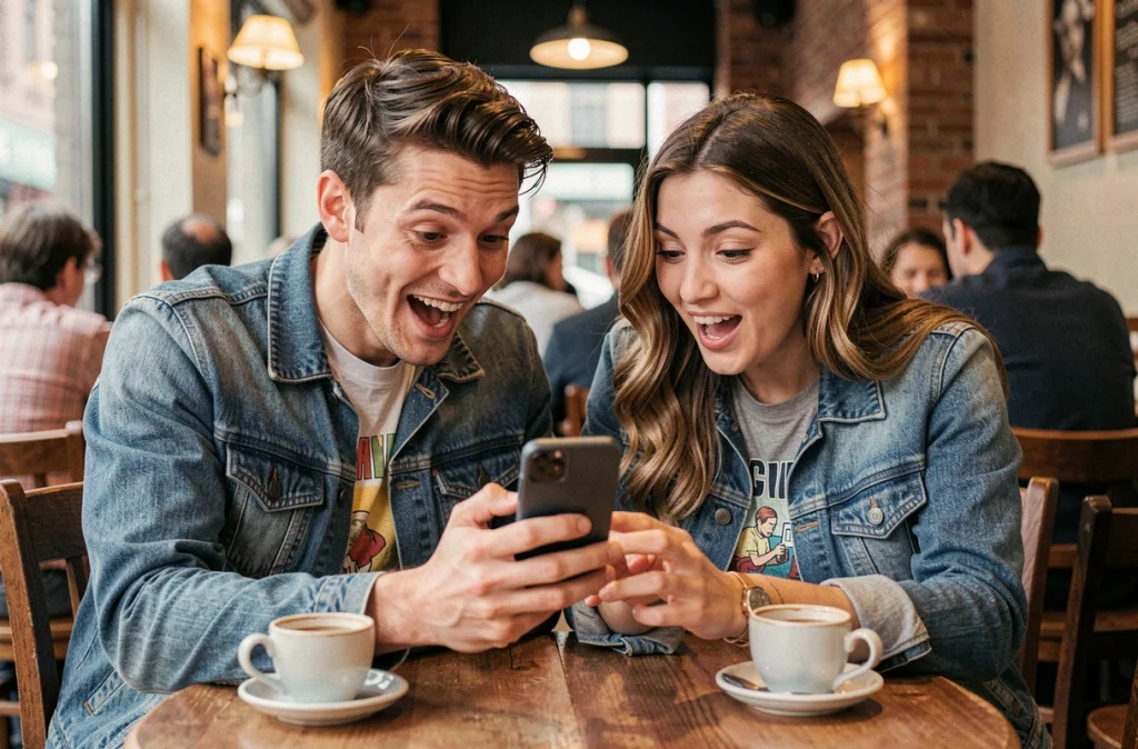 Deux amis découvrant ensemble des liens gratuits et événements Monopoly GO dans un café