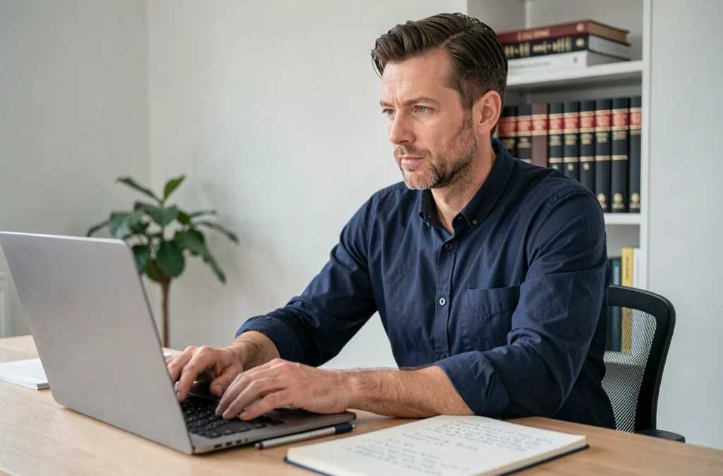 Homme consultant un avis juridique en ligne depuis son bureau à domicile via la chambre des notaires