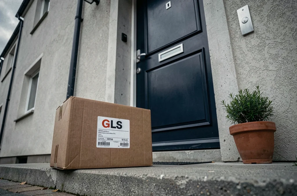 Colis GLS déposé devant une porte d'entrée résidentielle après livraison