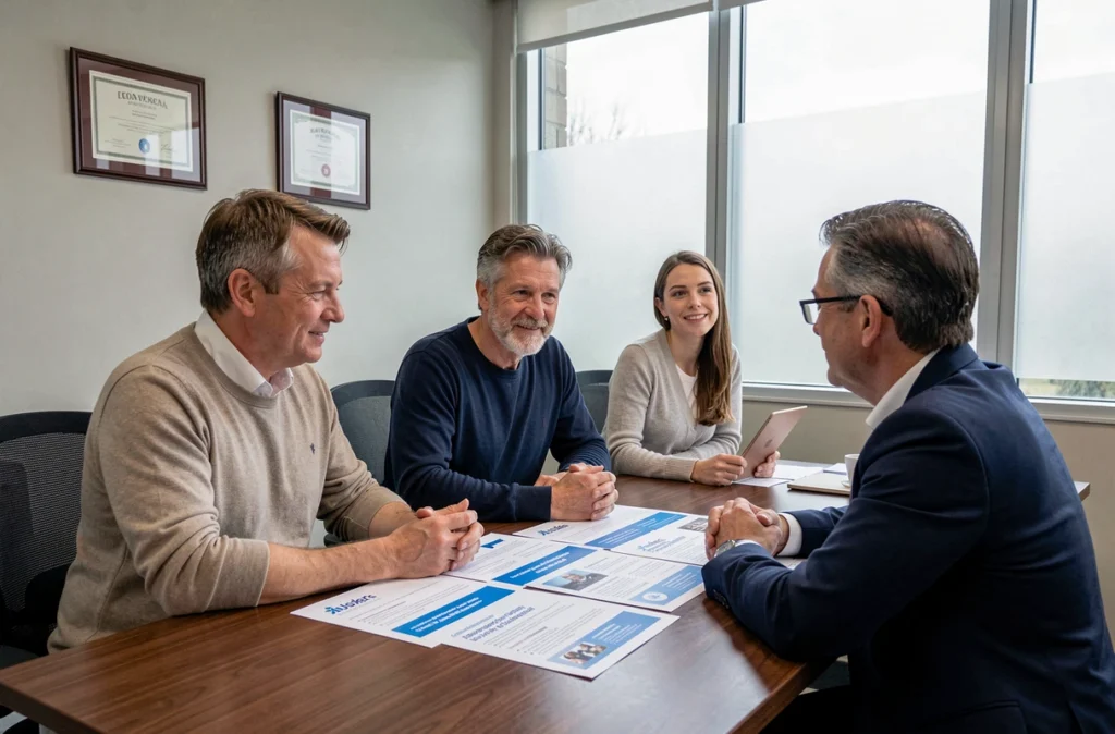 Couple en réunion avec un conseiller financier pour comprendre l'assurance de prêt immobilier