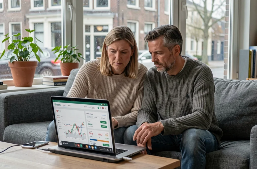 Couple belge analysant ensemble leurs investissements et épargne sur ordinateur pour faire face à l'inflation