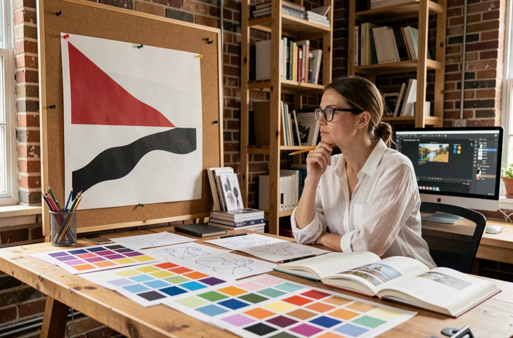 Designer graphique étudiant une composition inspirée des couleurs du drapeau rouge blanc noir dans son studio