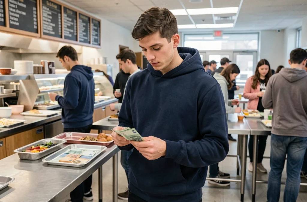 Étudiant comptant son argent à la cafétéria universitaire pour gérer son budget repas à la rentrée
