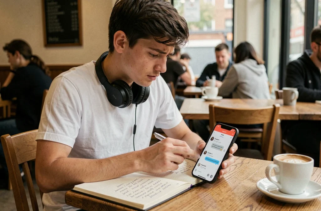 Étudiant comparant les résultats limités de ChatGPT gratuit sur smartphone avec ses notes manuscrites dans un café
