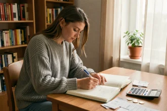 Étudiante gérant son budget mensuel à son bureau dans un appartement étudiant, avec cahier, reçus et calculatrice