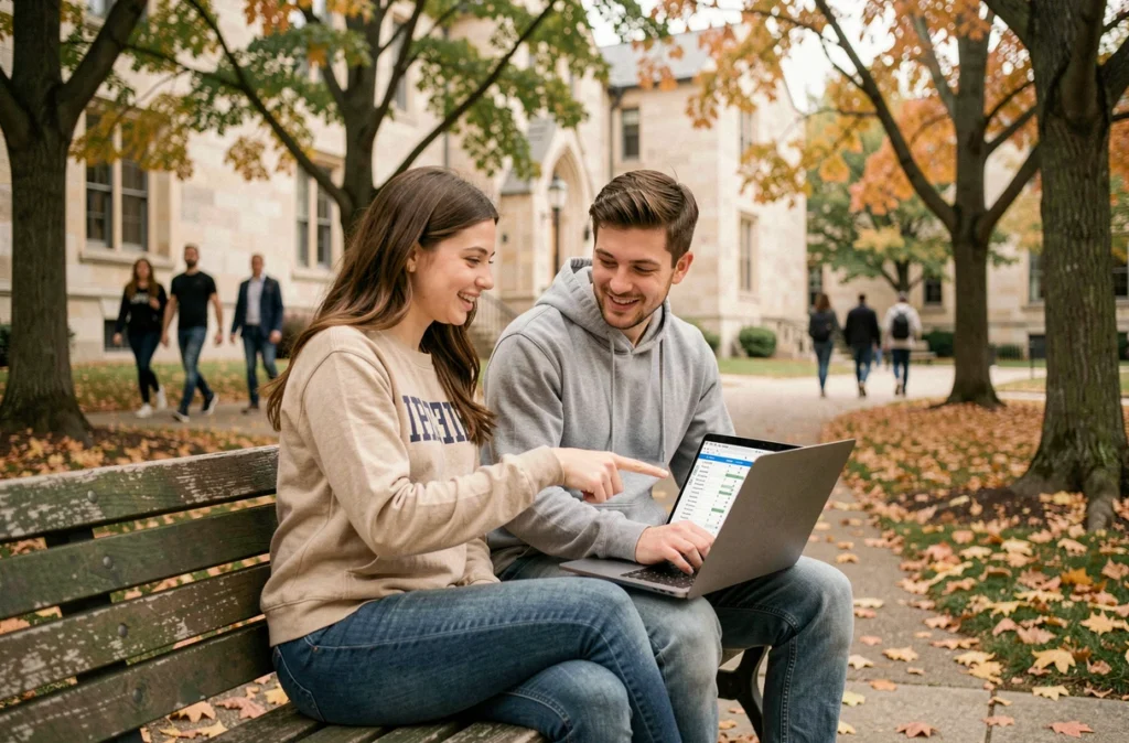 Deux étudiants planifiant ensemble leur budget sur un ordinateur portable en plein air sur le campus universitaire à la rentrée