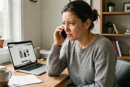 Femme en train d'appeler le service client Amazon depuis son bureau à domicile avec un smartphone