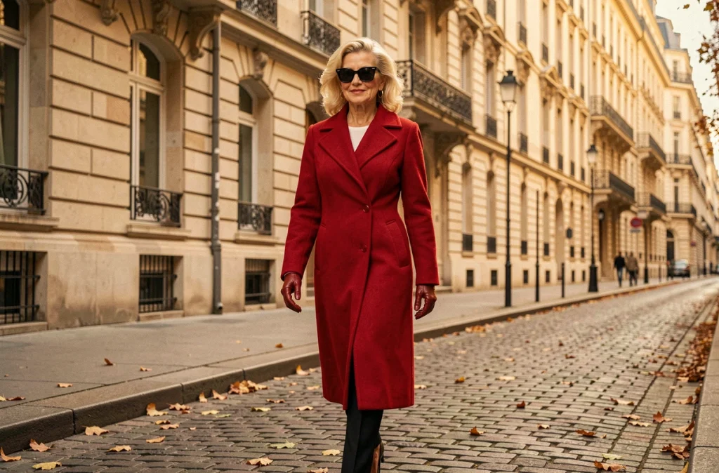 Femme blonde en manteau rouge marchant sur un boulevard parisien pavé aux façades haussmanniennes, inspirée du style iconique de Sylvie Vartan en automne
