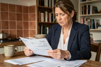 Femme belge consultant ses relevés bancaires et notes de budget à la maison face à l'inflation