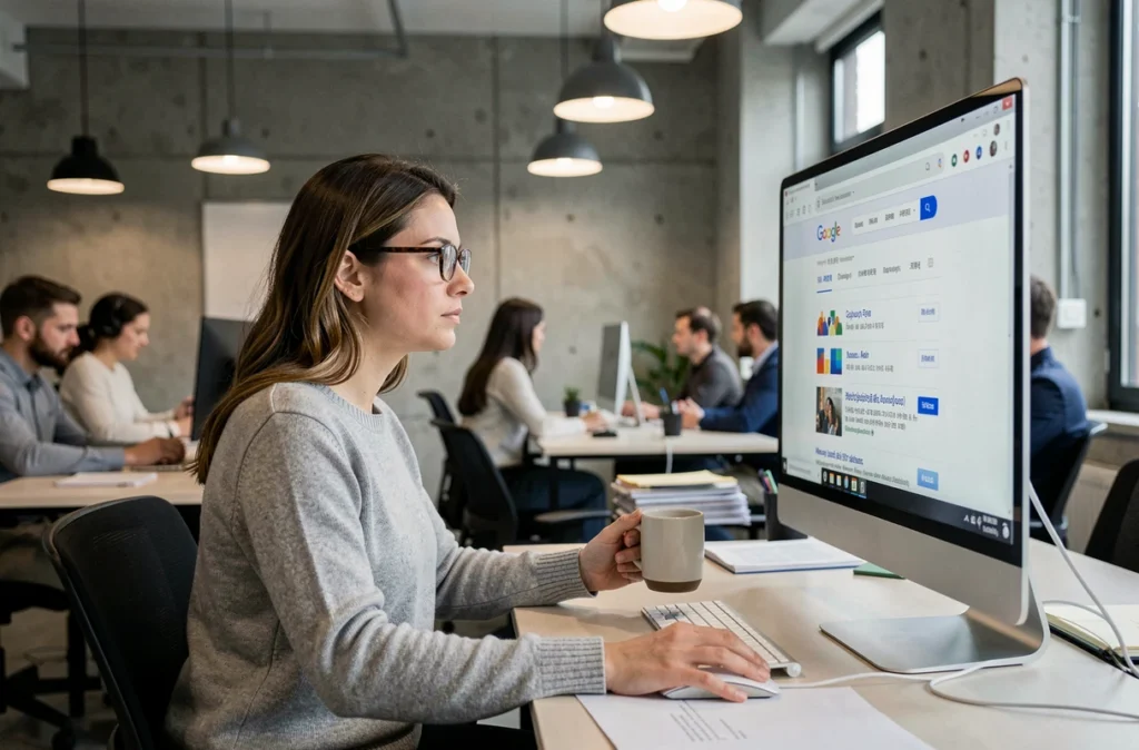 Femme avec lunettes consultant Google pour retrouver l'effet Barrel Roll dans un bureau moderne