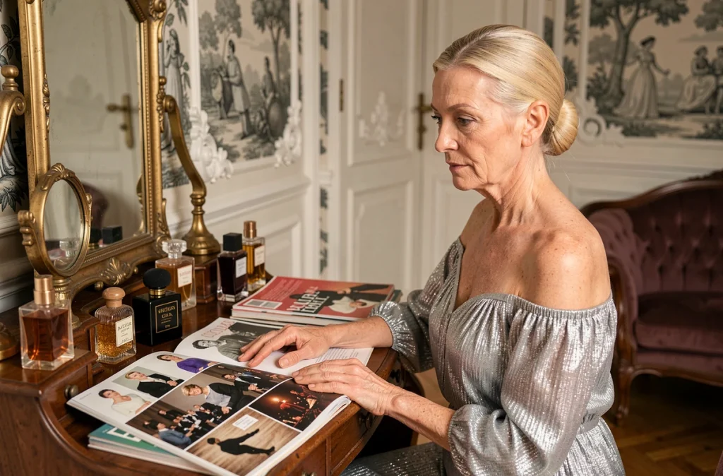 Femme élégante en blouse argentée assise devant une coiffeuse vintage dans un boudoir parisien, entourée de magazines rétro et de flacons de parfum anciens rappelant l'univers nostalgique de Sylvie Vartan