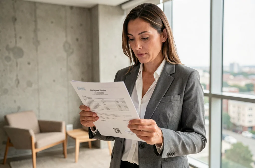 Femme lisant un contrat d'assurance emprunteur dans son nouvel appartement avant signature