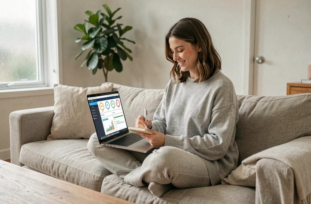 Jeune femme planifiant ses sessions de jeu Dofus avec un outil d'optimisation sur ordinateur portable depuis son salon