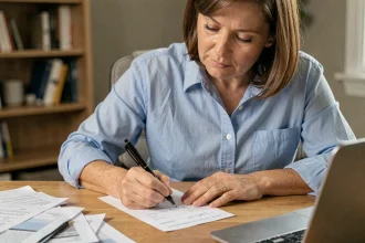 Femme écrivant un chèque de deux mille cinq cents euros à la main sur un bureau en bois, vue de trois quarts