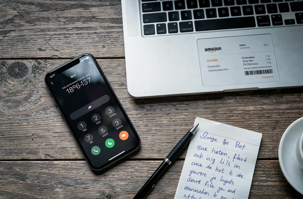 Vue de dessus d'un smartphone affichant un numéro de service client Amazon avec un carnet de notes et un ordinateur portable sur une table en bois