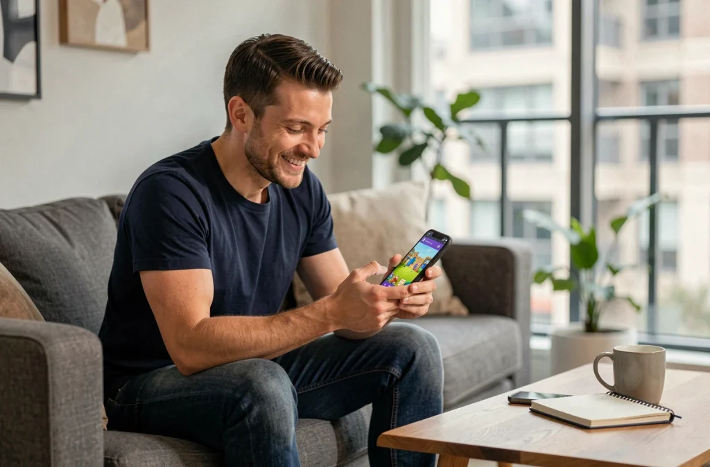 Homme consultant des événements et codes créateurs Monopoly GO sur son téléphone dans un salon moderne