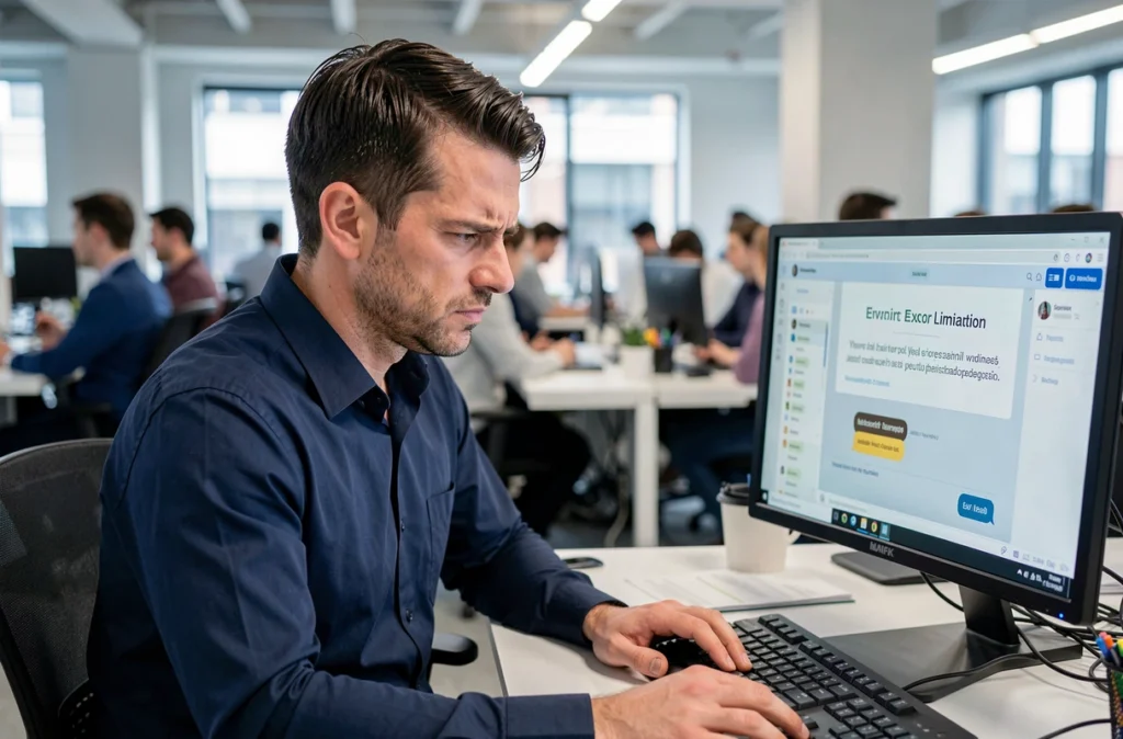 Homme frustré face aux limites de ChatGPT version gratuite dans un bureau professionnel en open space