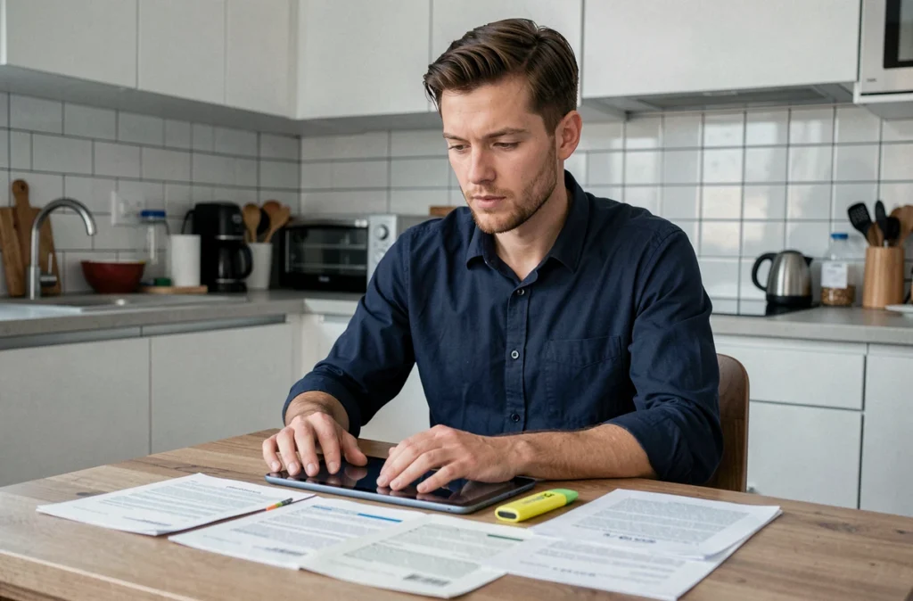 Homme consultant des documents fiscaux et une tablette numérique à une table de cuisine moderne pour sa première déclaration d'impôts