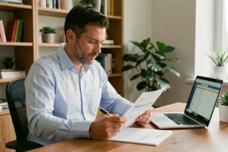 Homme en chemise bleue étudiant des documents d'assurance emprunteur à son bureau à domicile