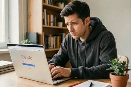 Homme frustré cherchant l'effet Do a Barrel Roll sur Google depuis son bureau à domicile