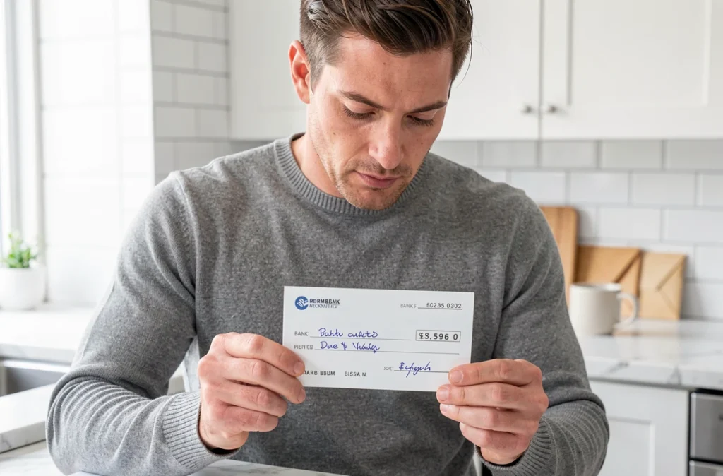 Homme tenant un chèque bancaire rempli à la main et vérifiant le montant de deux mille cinq cents euros dans une cuisine moderne