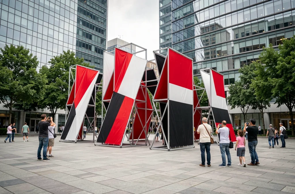 Installation artistique publique avec des panneaux rouge blanc noir dans une place urbaine moderne