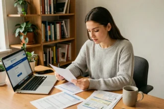Jeune femme préparant sa première déclaration d'impôts sur un bureau en bois avec des formulaires fiscaux et un ordinateur portable