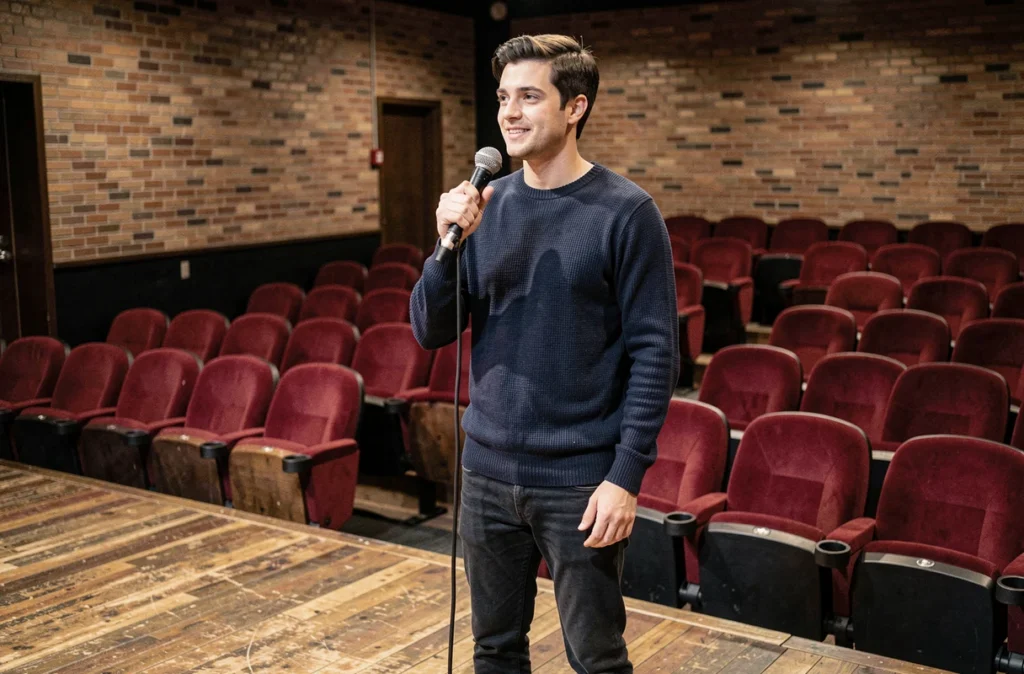 Jeune humoriste sur scène dans une salle de comédie vide lors d'une répétition technique avant un spectacle programmé par un producteur
