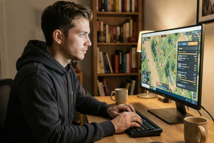 Joueur adulte concentré devant son écran optimisant son temps de jeu sur Dofus grâce à un portail de ressources