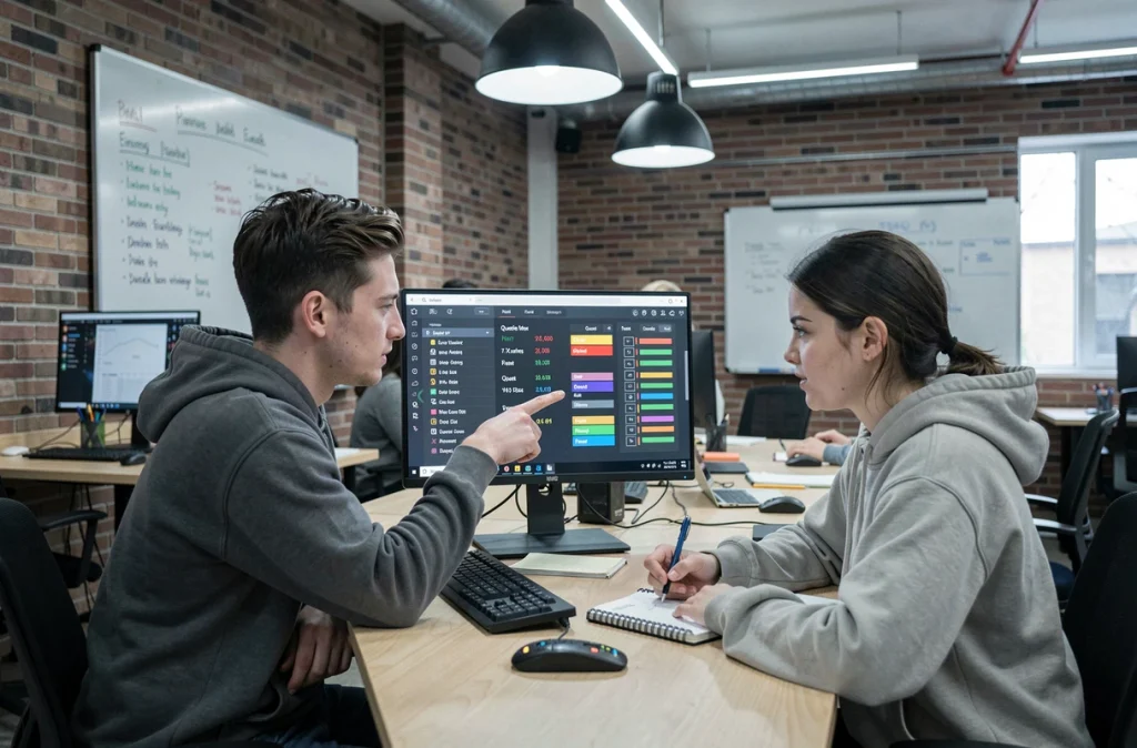 Deux joueurs collaborant sur l'optimisation de leur progression Dofus dans un espace de travail moderne