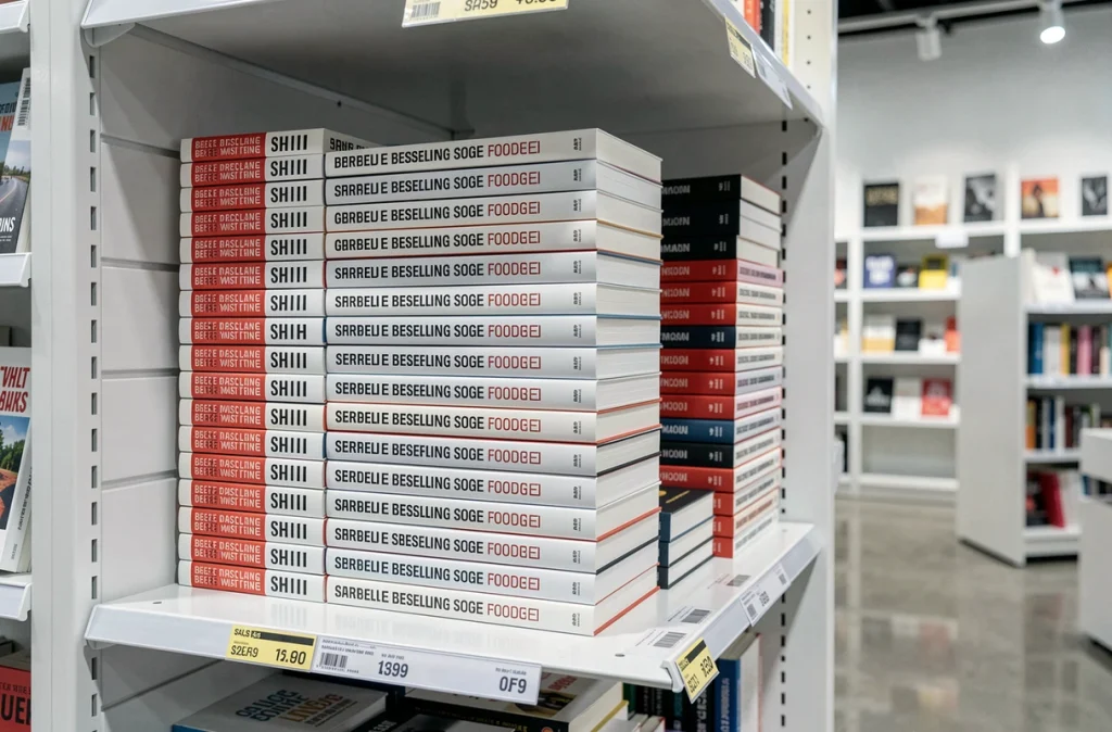 Grande pile de livres identiques empilés sur une étagère de librairie moderne avec des étiquettes de vente en évidence