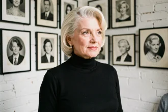 Portrait élégant d'une femme blonde dans un studio photo parisien avec des tirages vintage en noir et blanc, évoquant l'esthétique intemporelle de Sylvie Vartan