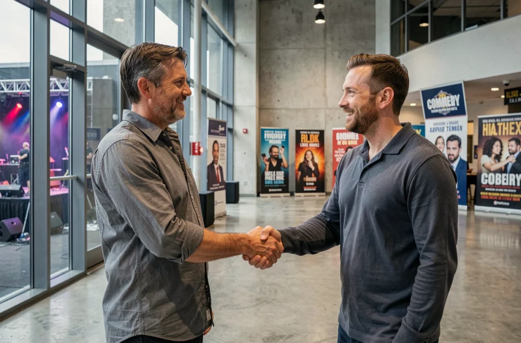 Producteur de spectacles et directeur de salle signant un partenariat dans le hall d'une salle de concert pour programmer de nouveaux humoristes