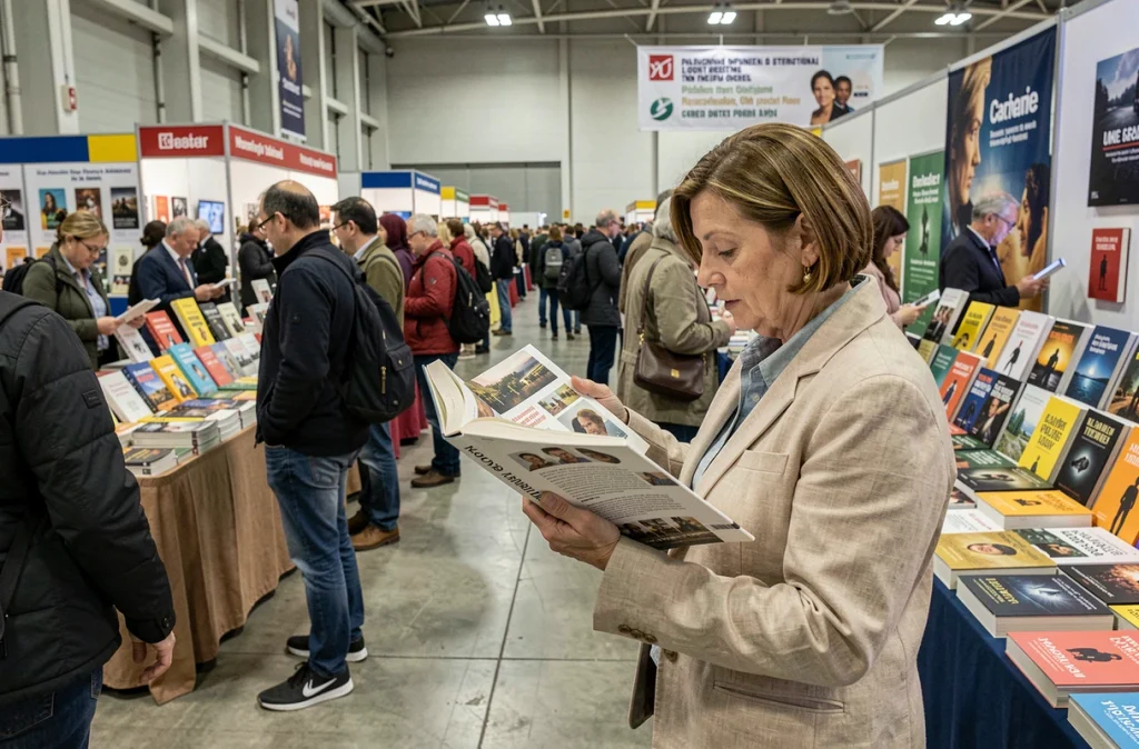 Femme parcourant des livres lors d'un salon du livre international animé avec de nombreux visiteurs en arrière-plan