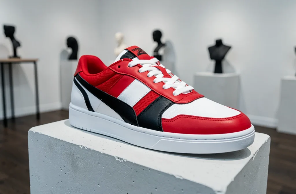 Sneaker design rouge blanc noir à motifs inspirés des drapeaux exposée dans une boutique de design moderne