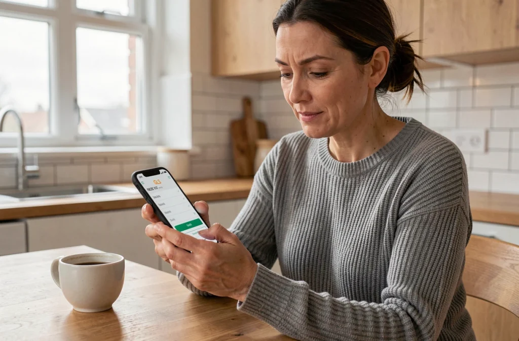 Femme consultant le suivi de colis GLS sur son smartphone dans une cuisine moderne