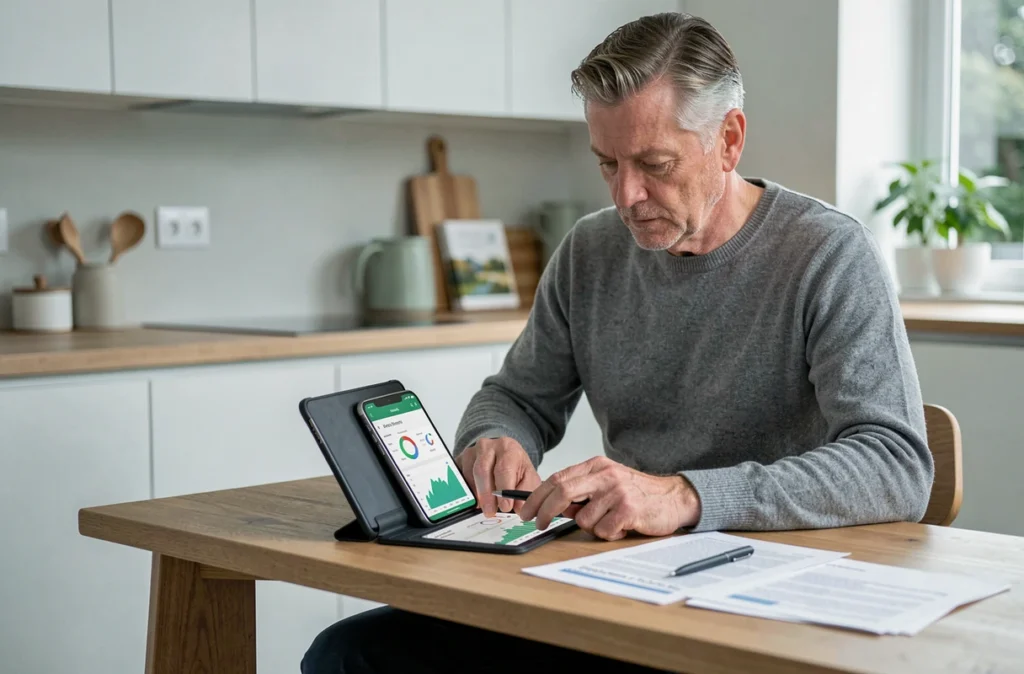 Homme consultant son suivi LP Collect sur une tablette depuis son domicile