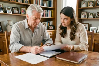 Père âgé et sa fille adulte examinent ensemble des documents de transmission de patrimoine familial autour d'une table en bois
