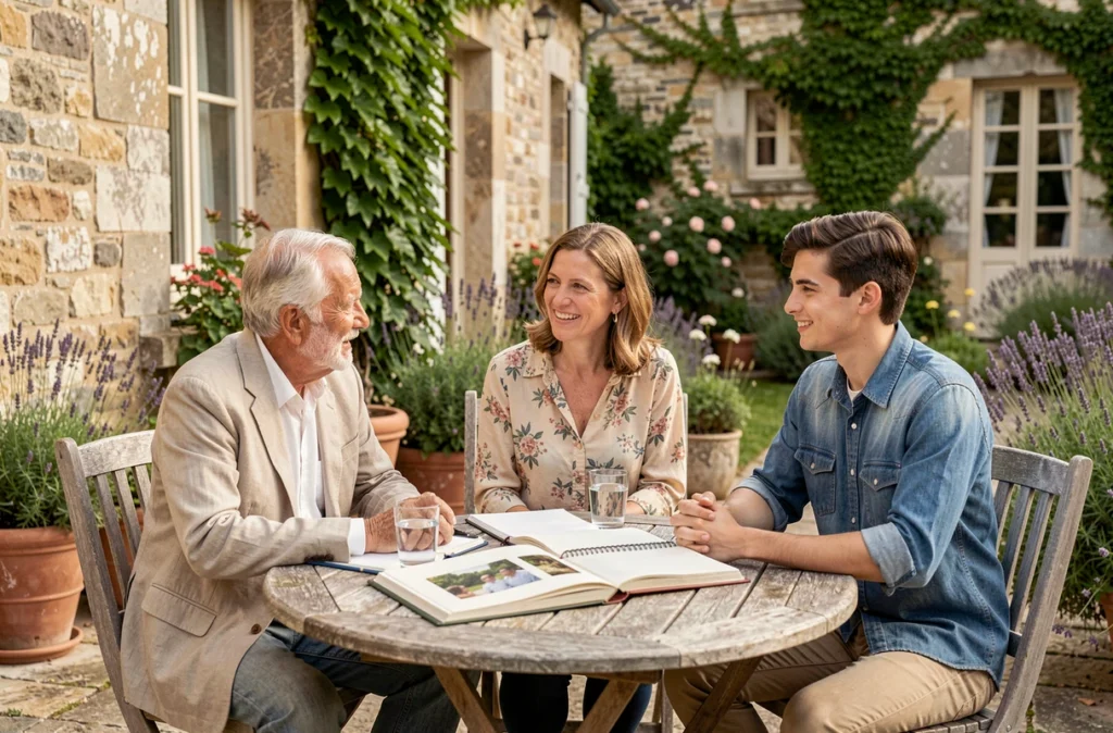 Trois générations d'une famille réunies autour d'un album photo pour évoquer la transmission du patrimoine familial dans une maison de campagne