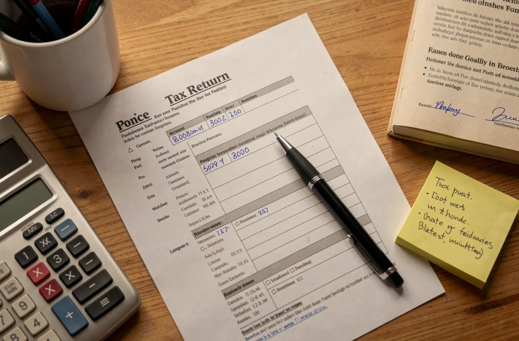 Vue aérienne d'un bureau avec un formulaire de déclaration d'impôts rempli, une calculatrice et des notes manuscrites pour guider le contribuable