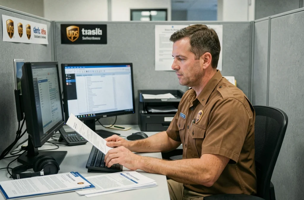 Agent UPS en uniforme traitant une réclamation client dans un bureau logistique professionnel