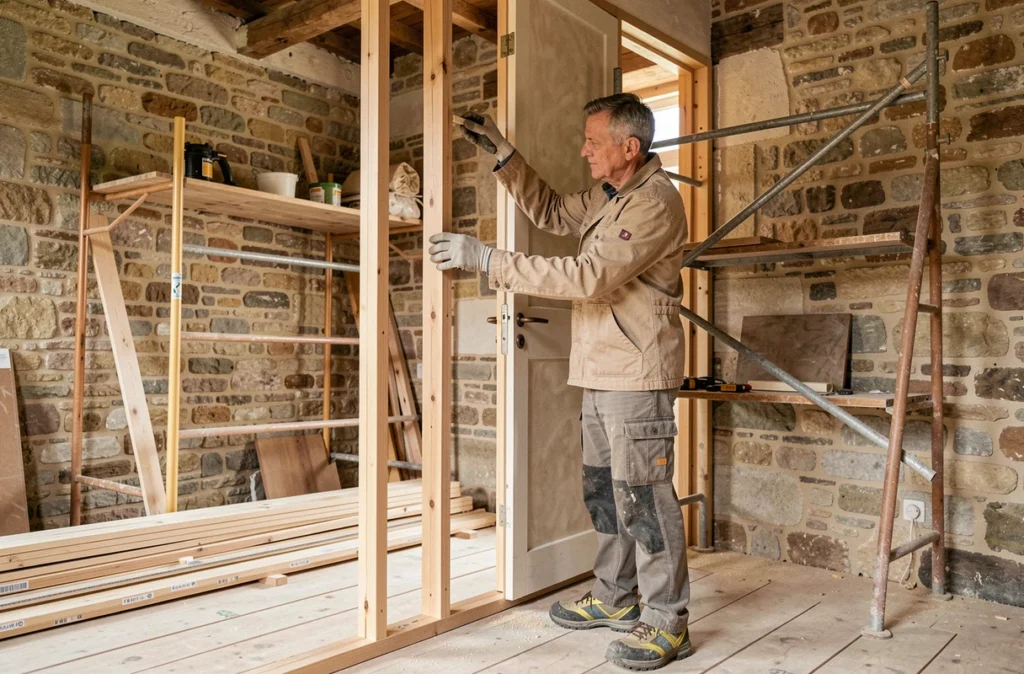 Spécialiste d'Angoulême Rénov posant un nouveau cadre de porte dans une maison en pierre en rénovation