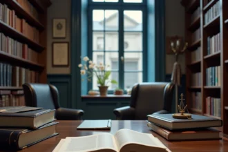 Cabinet d'avocat à Brest avec bureau en bois, livres juridiques et vue sur une rue bretonne en pierre