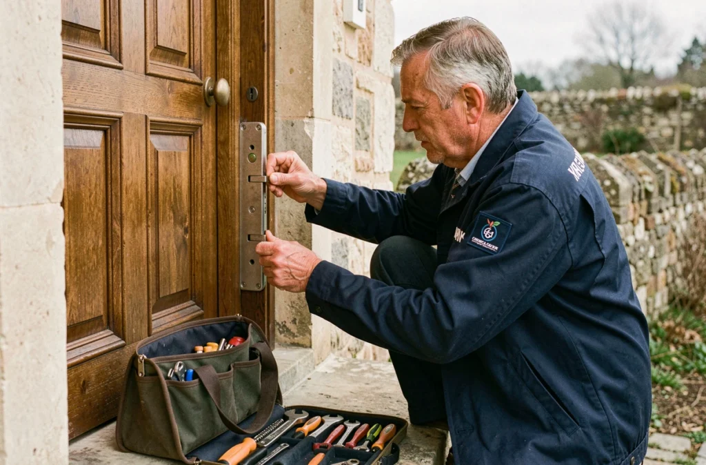Serrurier de Blanchier SARL remplaçant un mécanisme de fermeture multipoint sur une porte en chêne