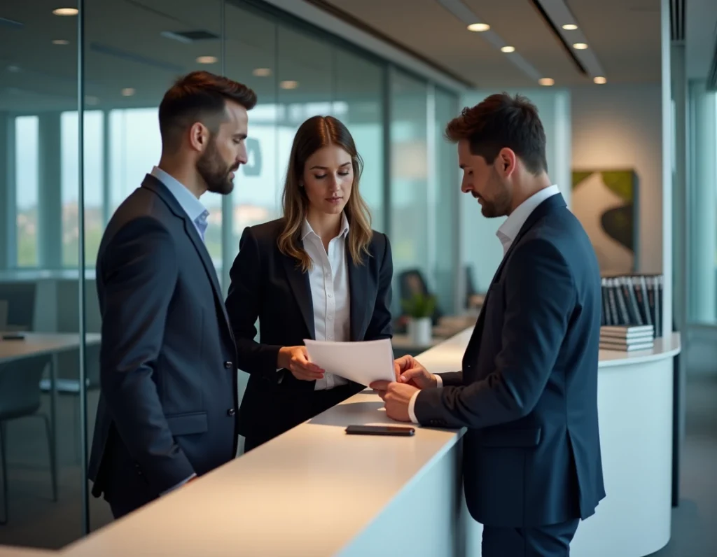 Cabinet L2 Conseils spécialisé en droit des affaires et contentieux commercial à Brest avec deux avocats consultant un contrat